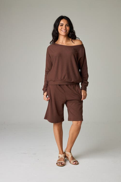 Eavolu Baikal Eco-luxe Fleece Off-shoulder Crop Top In Brown