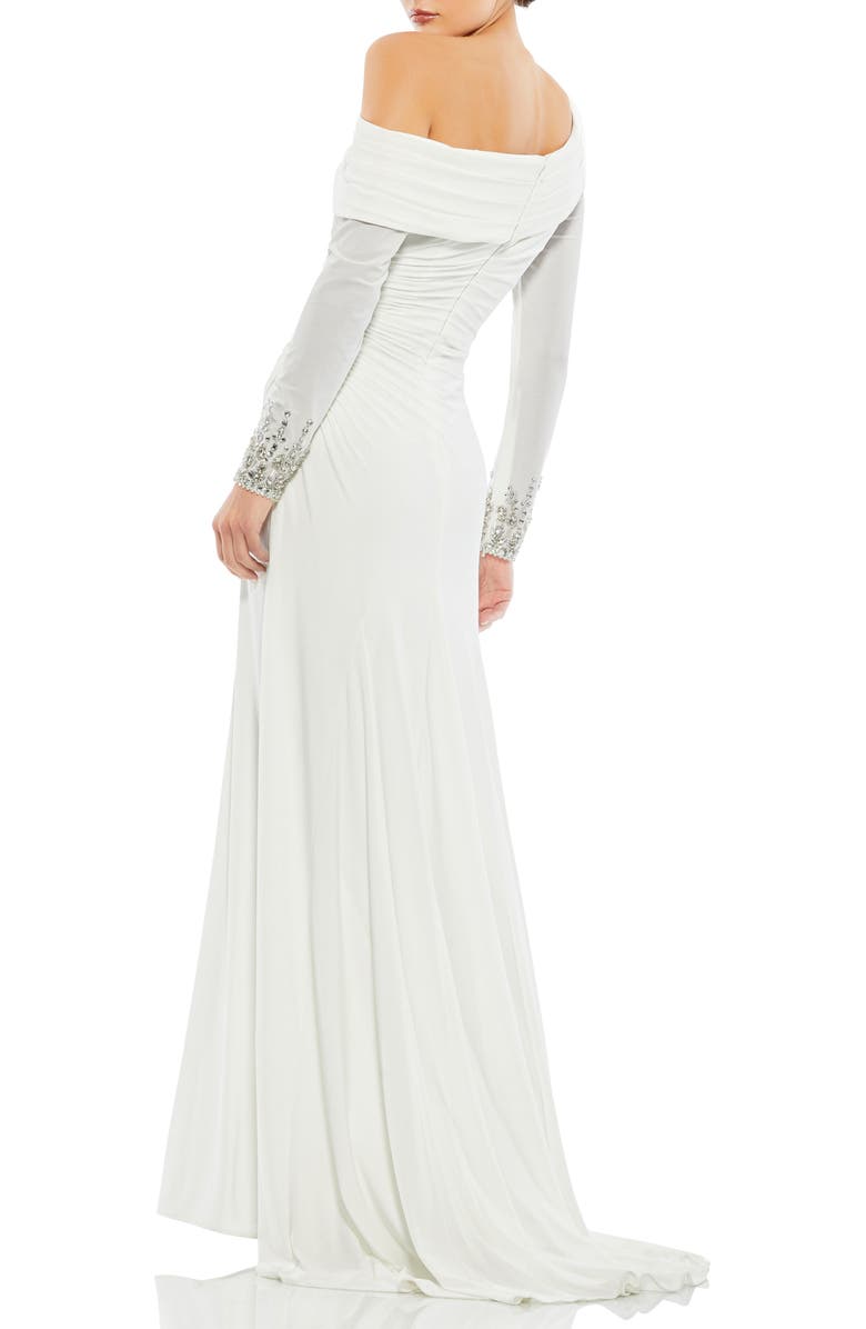 Mac Duggal Jeweled Cuff Drop Shoulder Faux Wrap Gown, Alternate, color, White