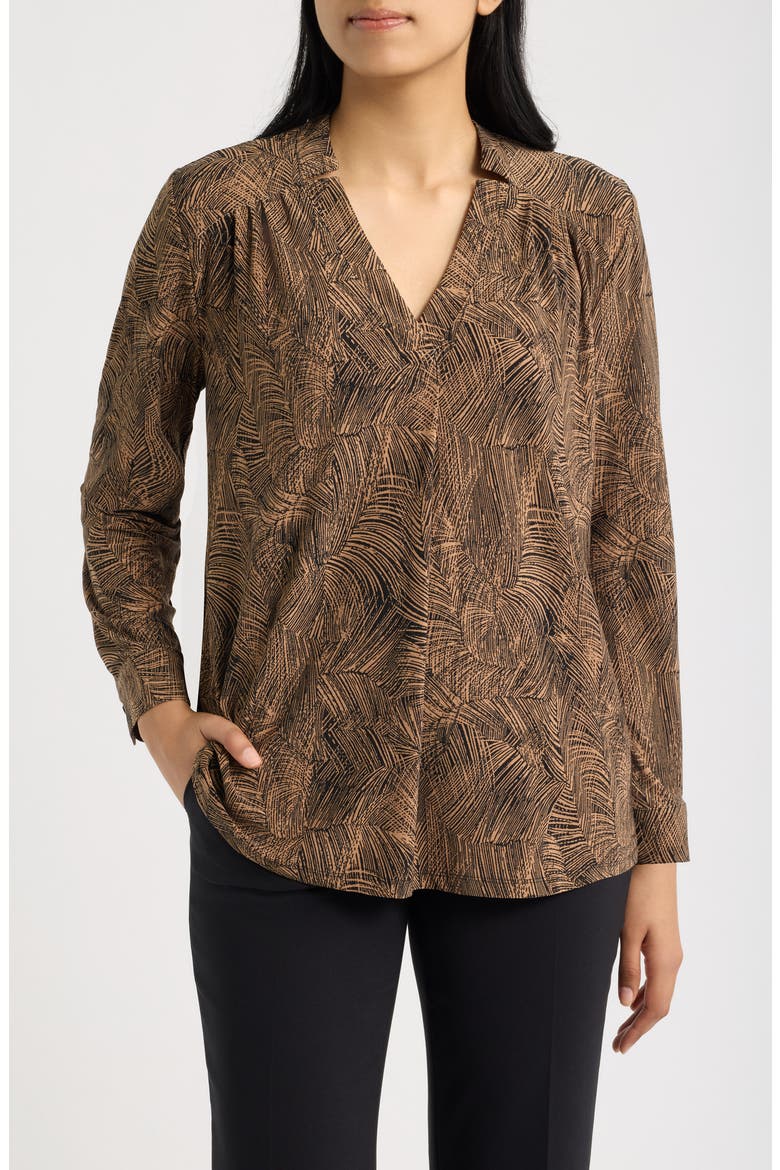 Printed Notched V-Neck Long Sleeve Top, Main, color, ANNE BLACK / VICUNA