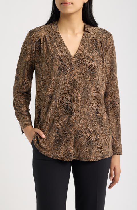 Printed Notched V-Neck Long Sleeve Top