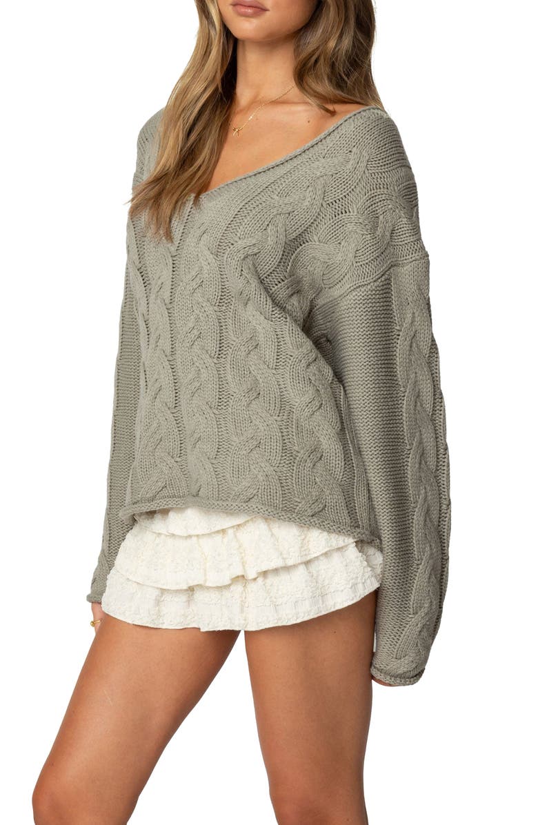 EDIKTED Inga Oversize Cable Knit Sweater, Alternate, color, Olive
