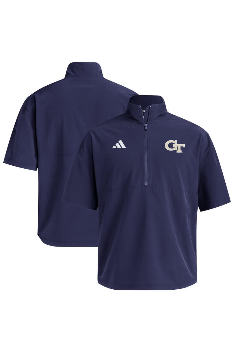 Men's adidas  Navy Georgia Tech Yellow Jackets Woven Quarter-Zip Short Sleeve Pullover, Main, color, Navy