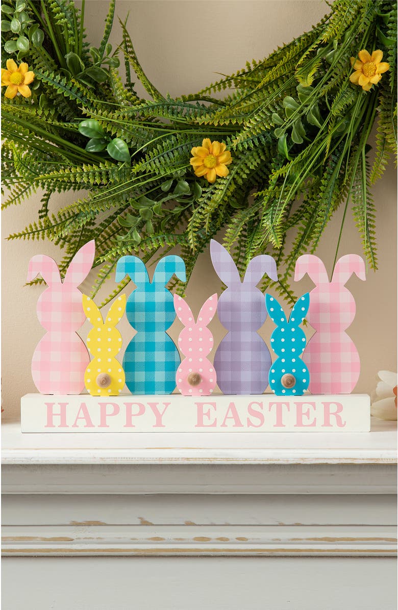 Glitzhome Happy Easter Wooden Metal Tulips Bunny Family Table Decor, Alternate, color, White