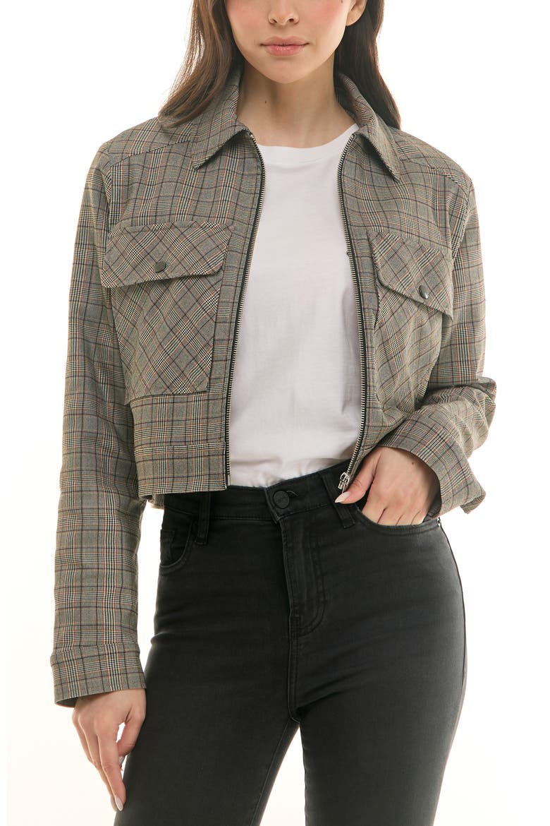 Boxy Cropped Menswear Trucker Jacket, Alternate, color, BROWN/ RED PLAID