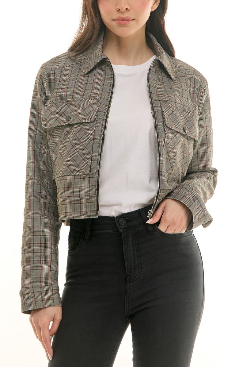 Socialite Boxy Cropped Menswear Trucker Jacket, Alternate, color, Brown/ Red Plaid