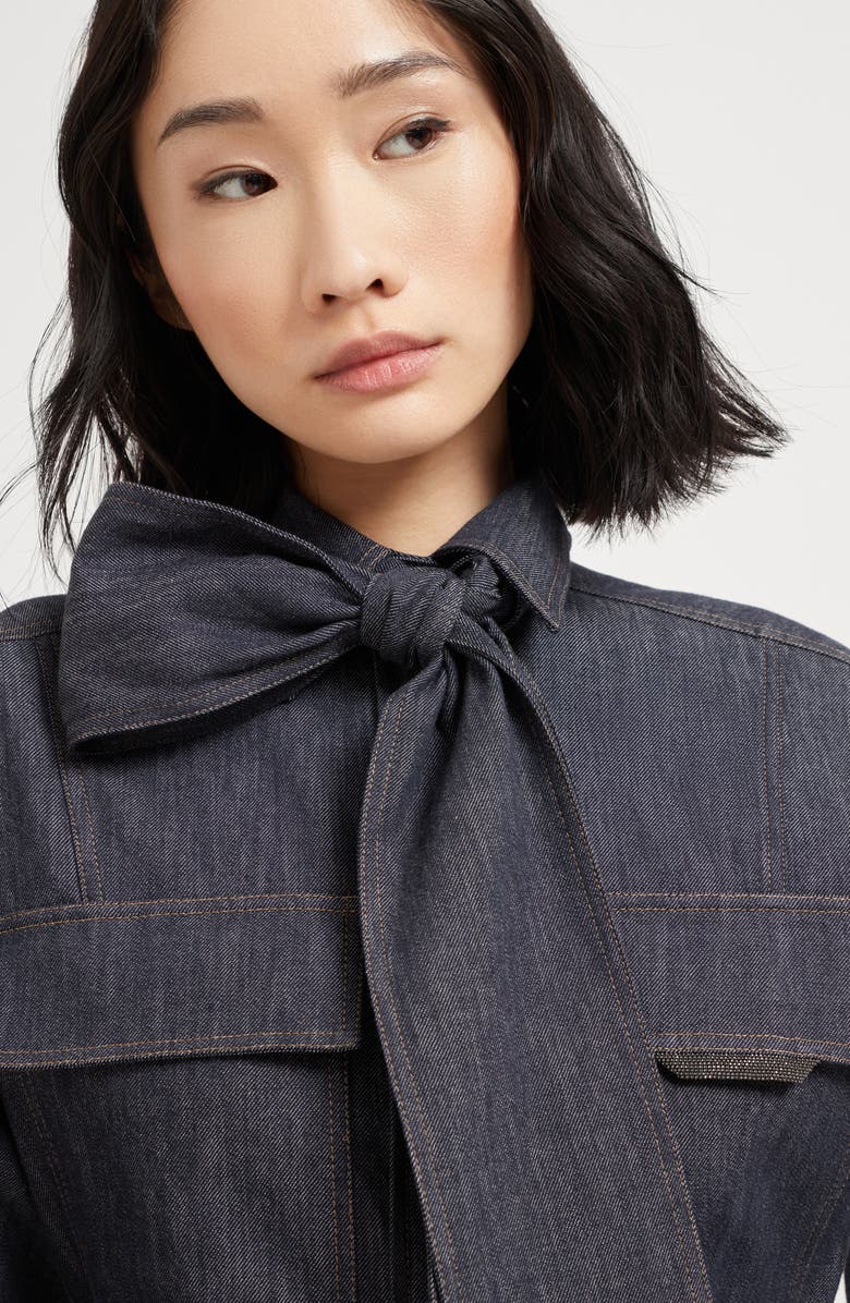 Brunello Cucinelli Pussybow shirt with monili, Alternate, color, Dark Denim
