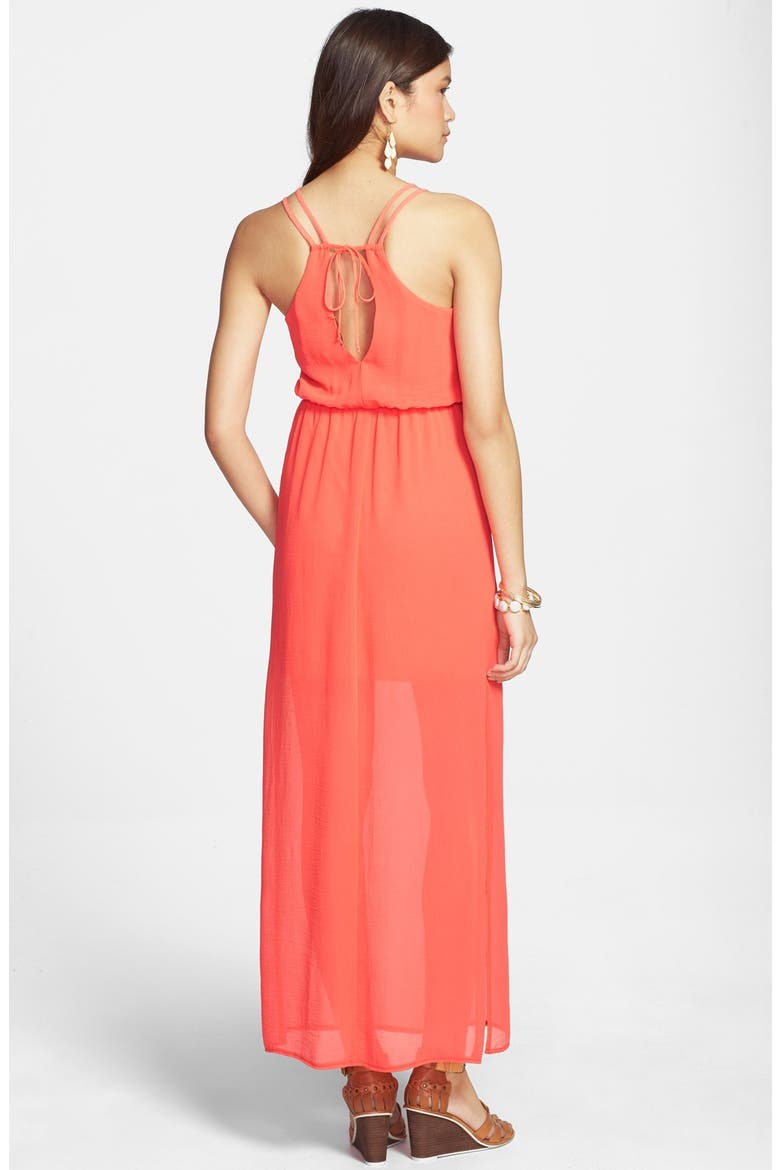 dee elle Tie Back Neon Maxi Dress, Alternate, color, HOT CORAL