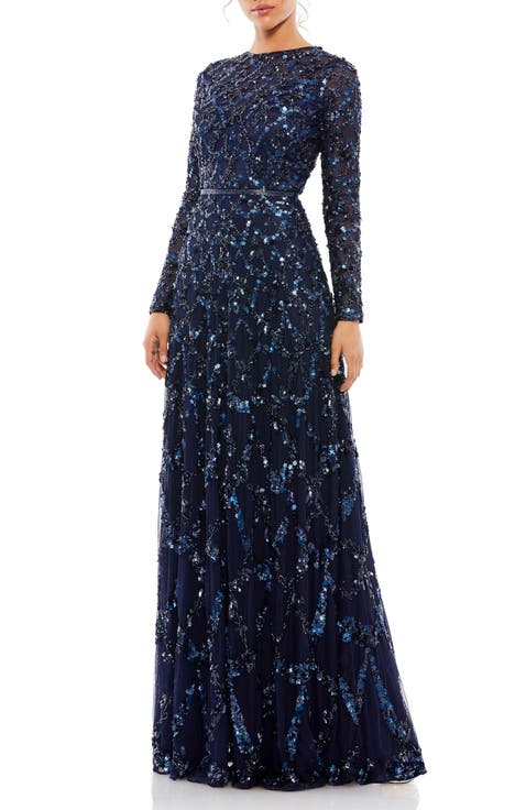 Embellished Illusion High Neck Long Sleeve A Line Gown