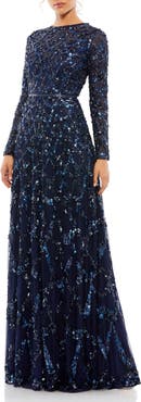 Mac Duggal Embellished Illusion High Neck Long Sleeve A Line Gown