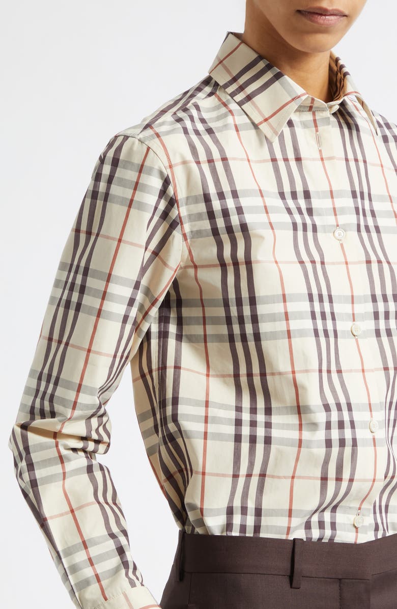 Burberry Emma Check Cotton Poplin Button-Up Shirt, Alternate, color, Almond Beige Ip Chck
