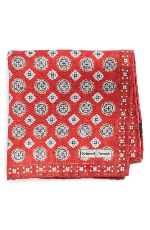 Edward Armah Red Medallion Print Reversible Silk Pocket Square In Red