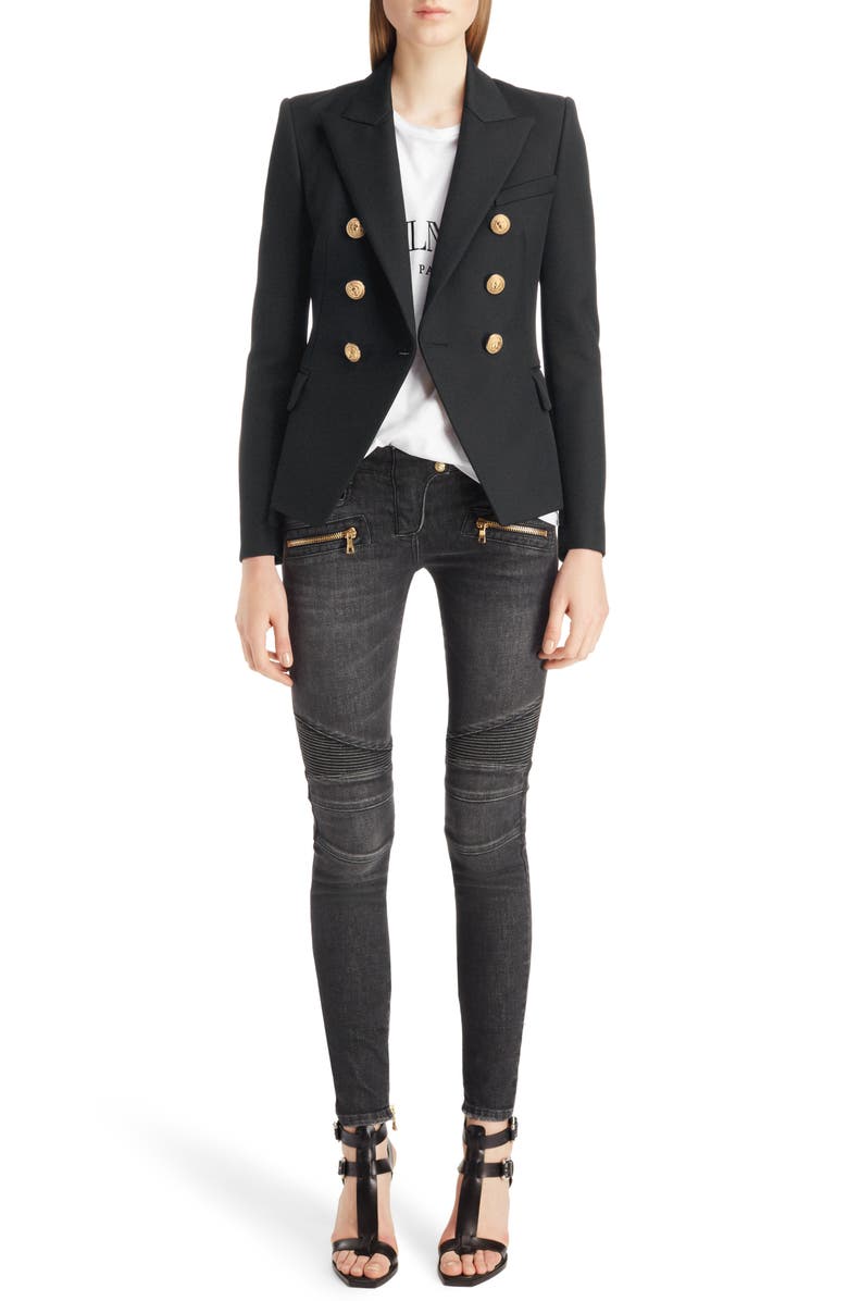 Balmain Double Breasted Wool Blazer, Alternate, color, Black