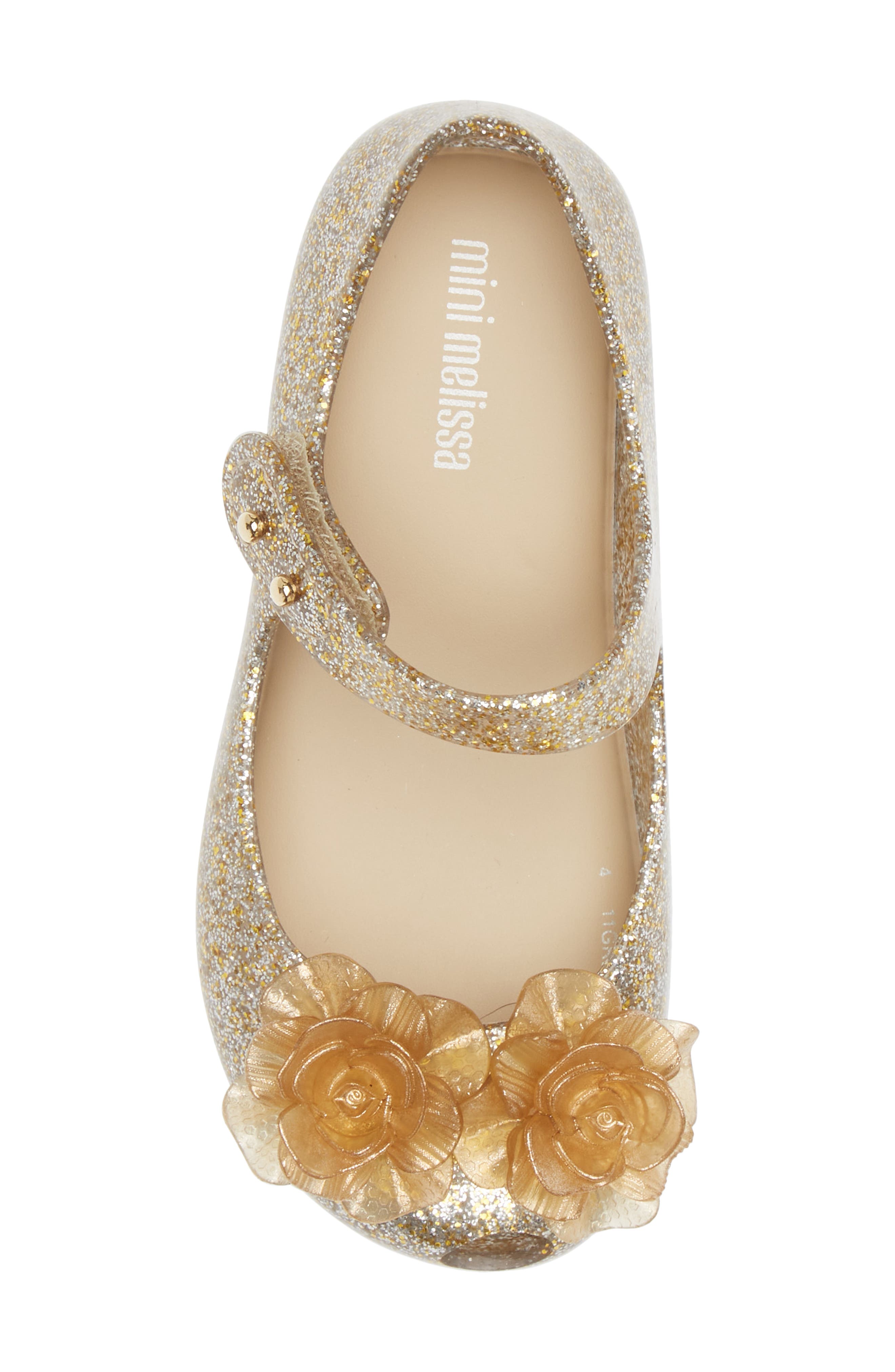 Melissa Mini Ultragirl Garden Mary Jane Flat, Alternate, color, Clear Glitter Gold