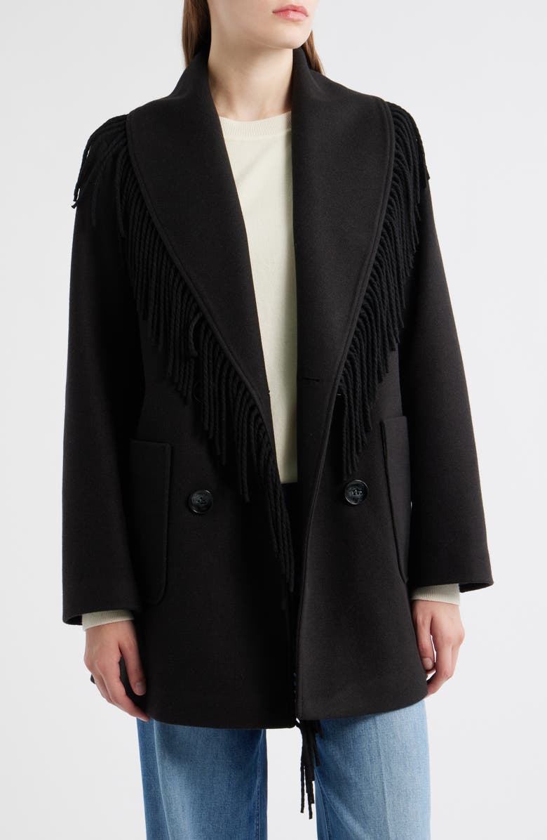 Sam Edelman Fringe Shawl Collar Coat, Alternate, color, Black