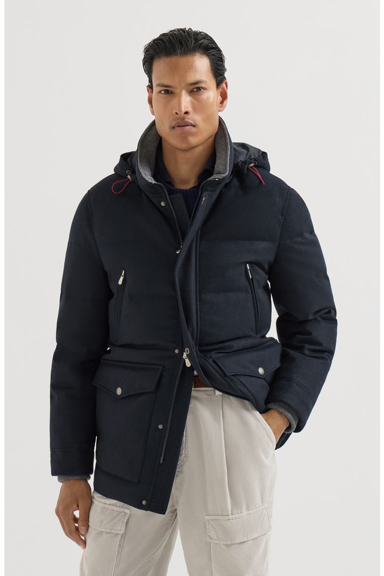 Bonded wool flannel down parka with detachable hood, Main, color, Blue