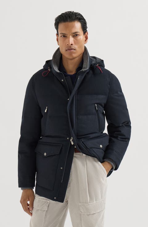 Bonded wool flannel down parka with detachable hood
