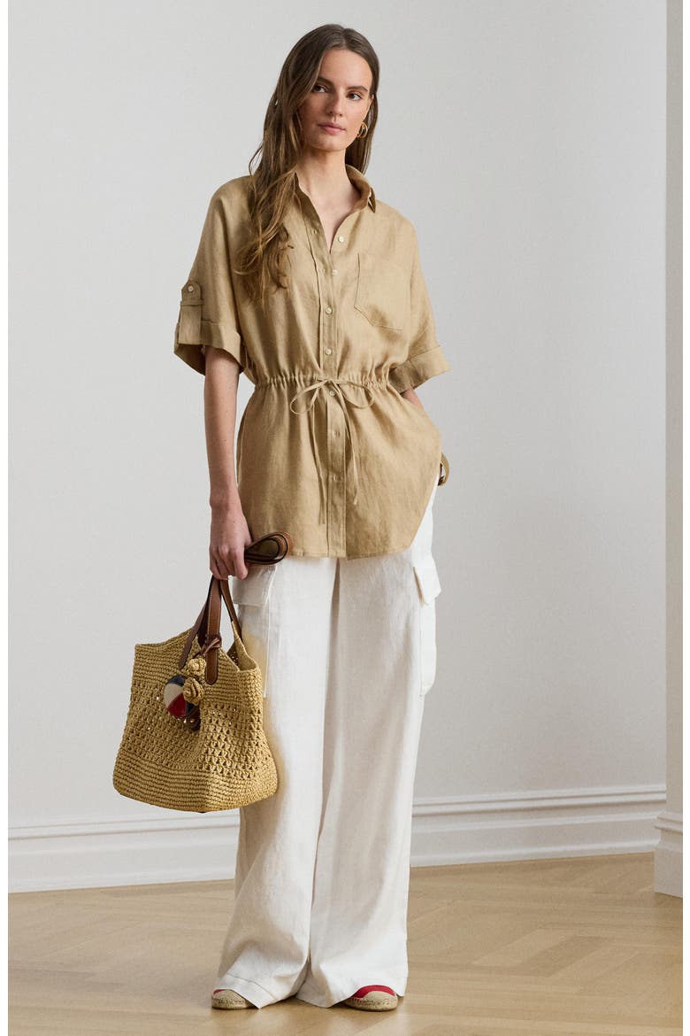 Linen Roll-Tab Sleeve Tunic, Alternate, color, BIRCH BEIGE