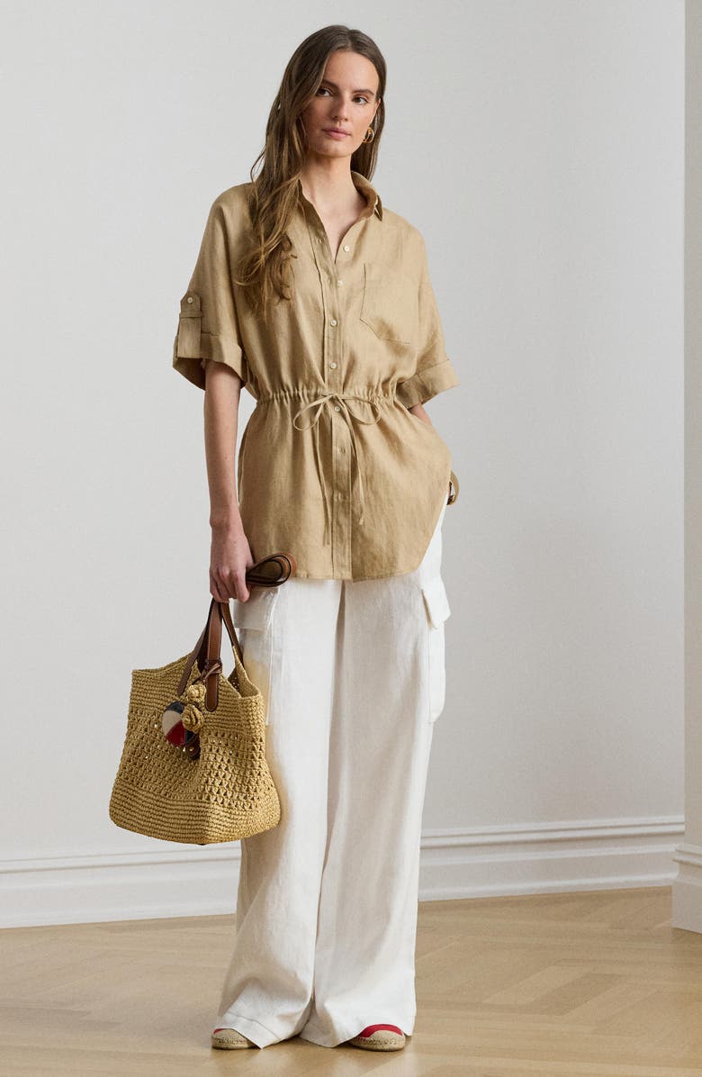 Lauren Ralph Lauren Linen Roll-Tab Sleeve Tunic, Alternate, color, Birch Beige