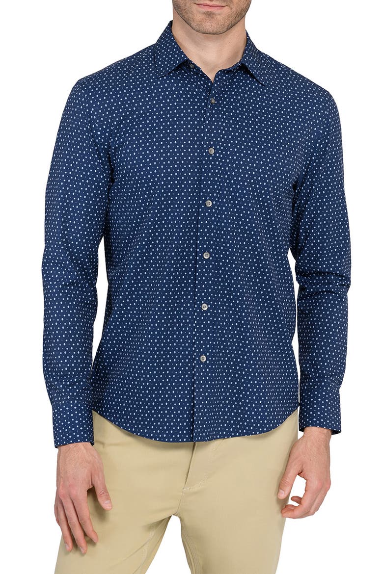 Trim Fit Neat Performance Button-Up Shirt, Main, color, NAVY
