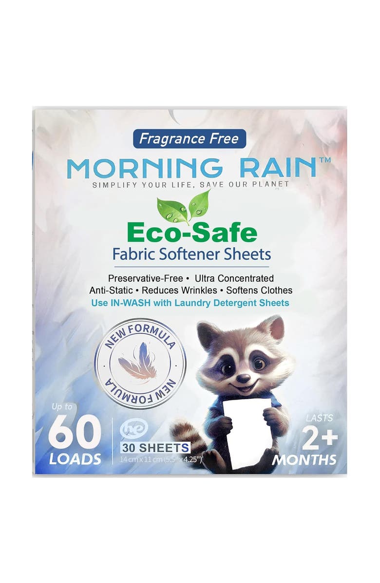 MorningRain Eco Fabric Softener Sheets, Fragrance Free, 30 Sheets, 60 Loads, Main, color, Multicolored