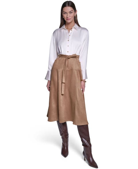 Satin & Suede Midi Shirt Dress