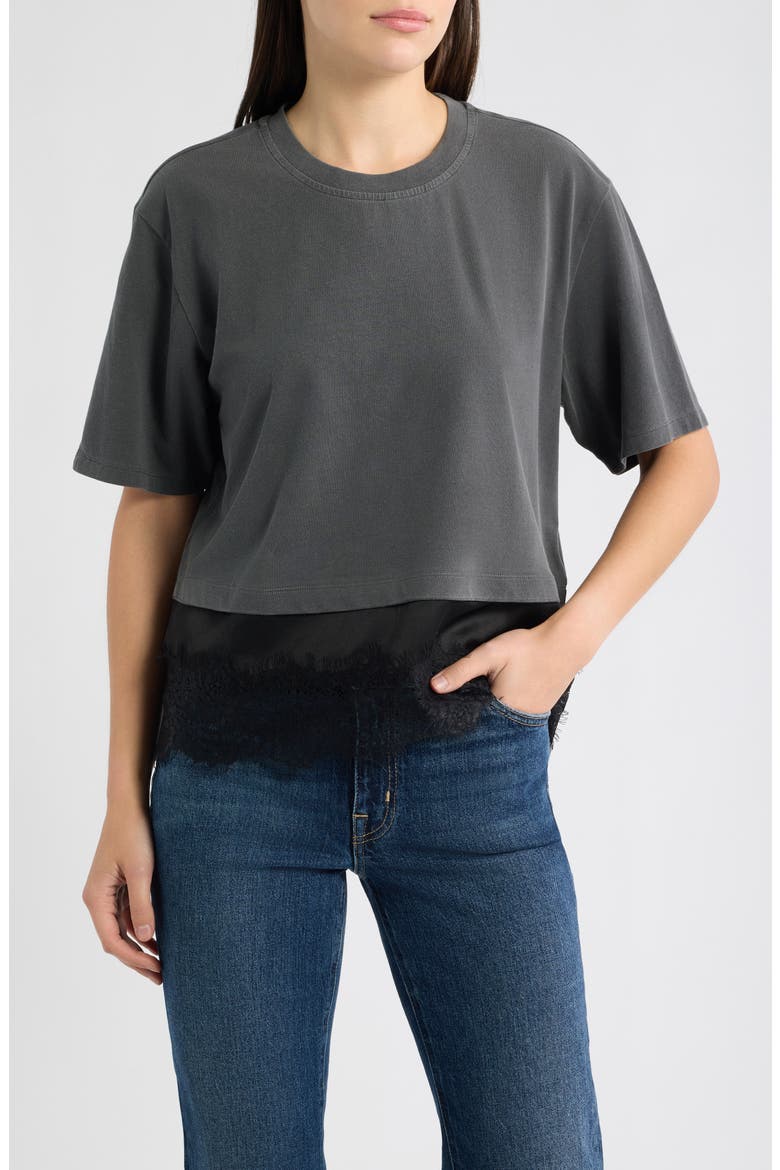 Satin & Lace Trim Stretch Cotton T-Shirt, Main, color, BLACK