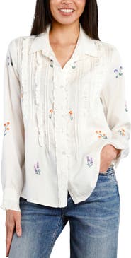 Billy T Garden Embroidered Ruffle Pintuck Shirt