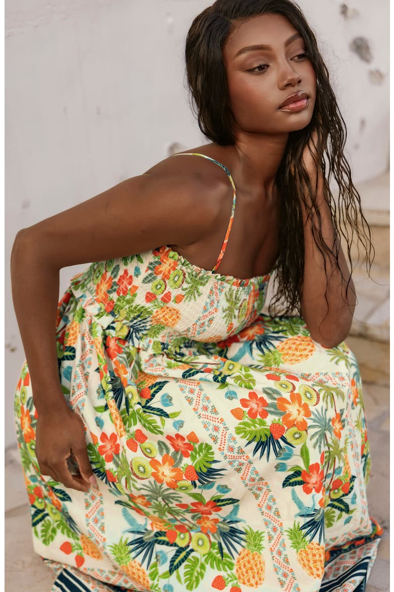 Tropical Print Smocked Midi Dress, Alternate, color, ORANGE