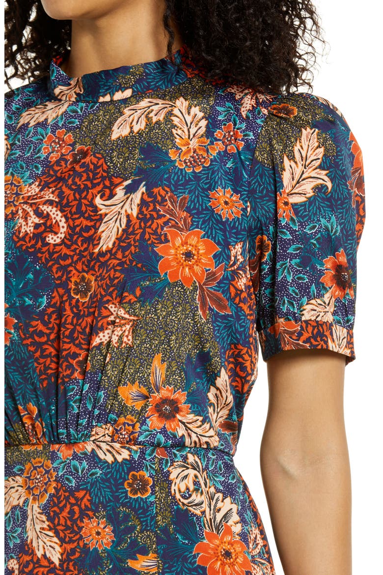 Floral Puff Sleeve A-Line Midi Dress, Alternate, color, NAVY MULTI