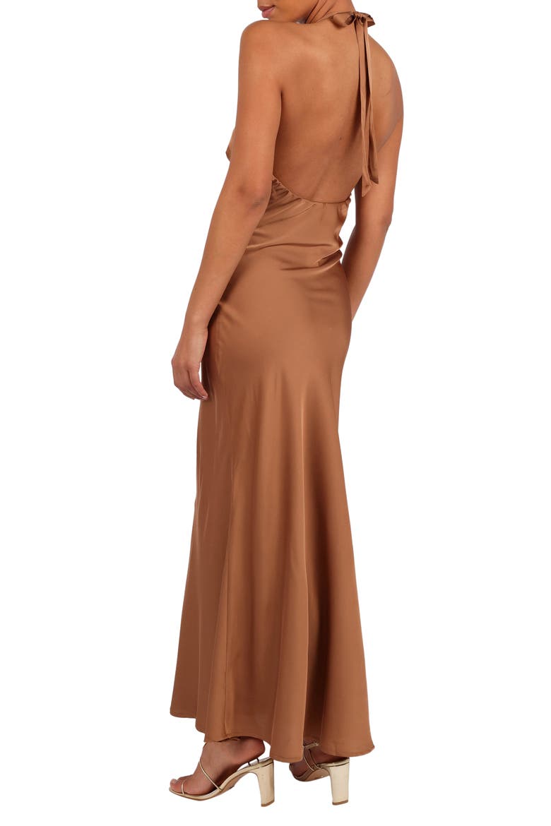 Kalina Lace Trim Halter Satin Maxi Dress, Alternate, color, BRONZE