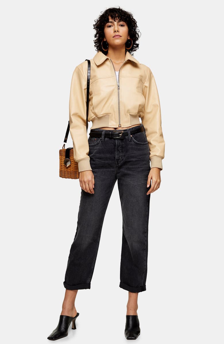 Topshop Leather Bomber Jacket, Alternate, color,