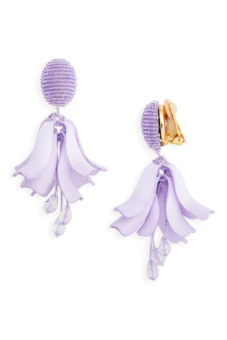 Impatiens Petal Dangle Clip-On Earrings, Main, color, LILAC