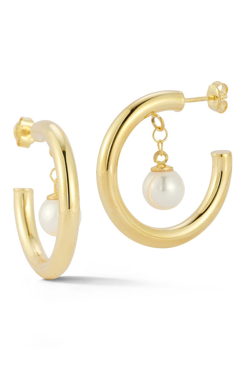 Cultured Pearl Drop Hoop Earrings, Main, color, GOLD