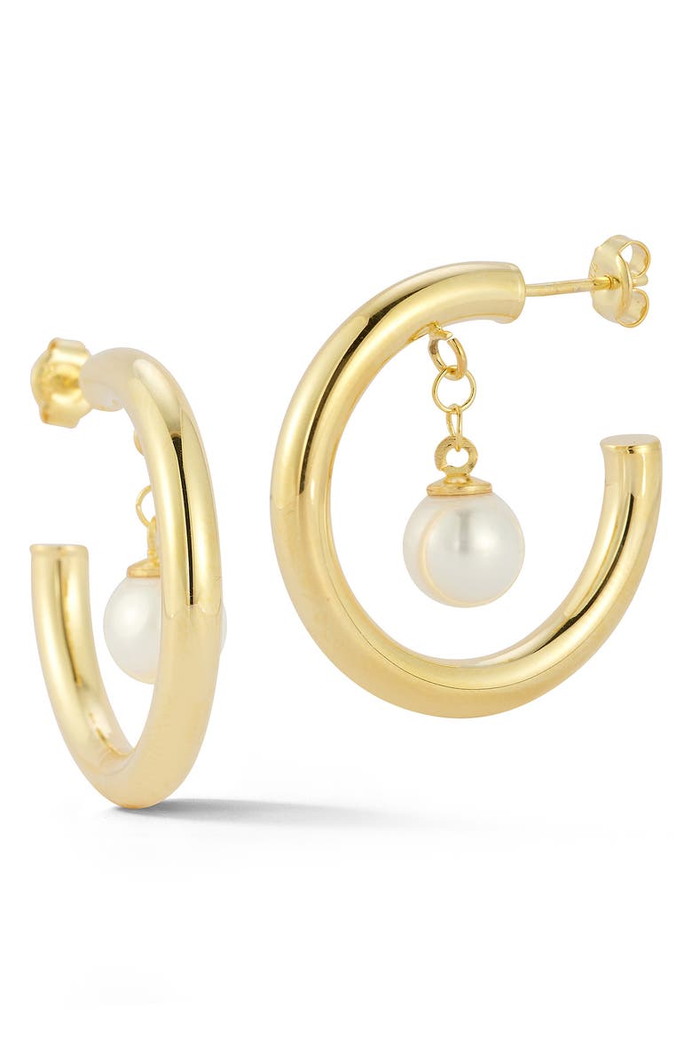 SPHERA MILANO Cultured Pearl Drop Hoop Earrings, Main, color, Gold