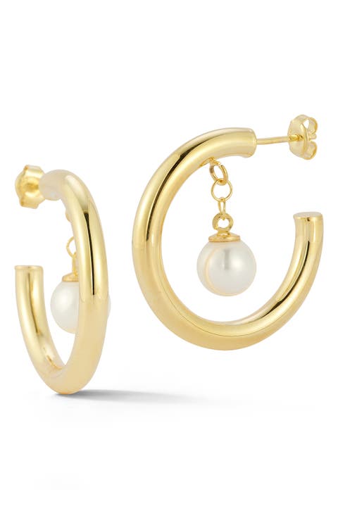 Cultured Pearl Drop Hoop Earrings