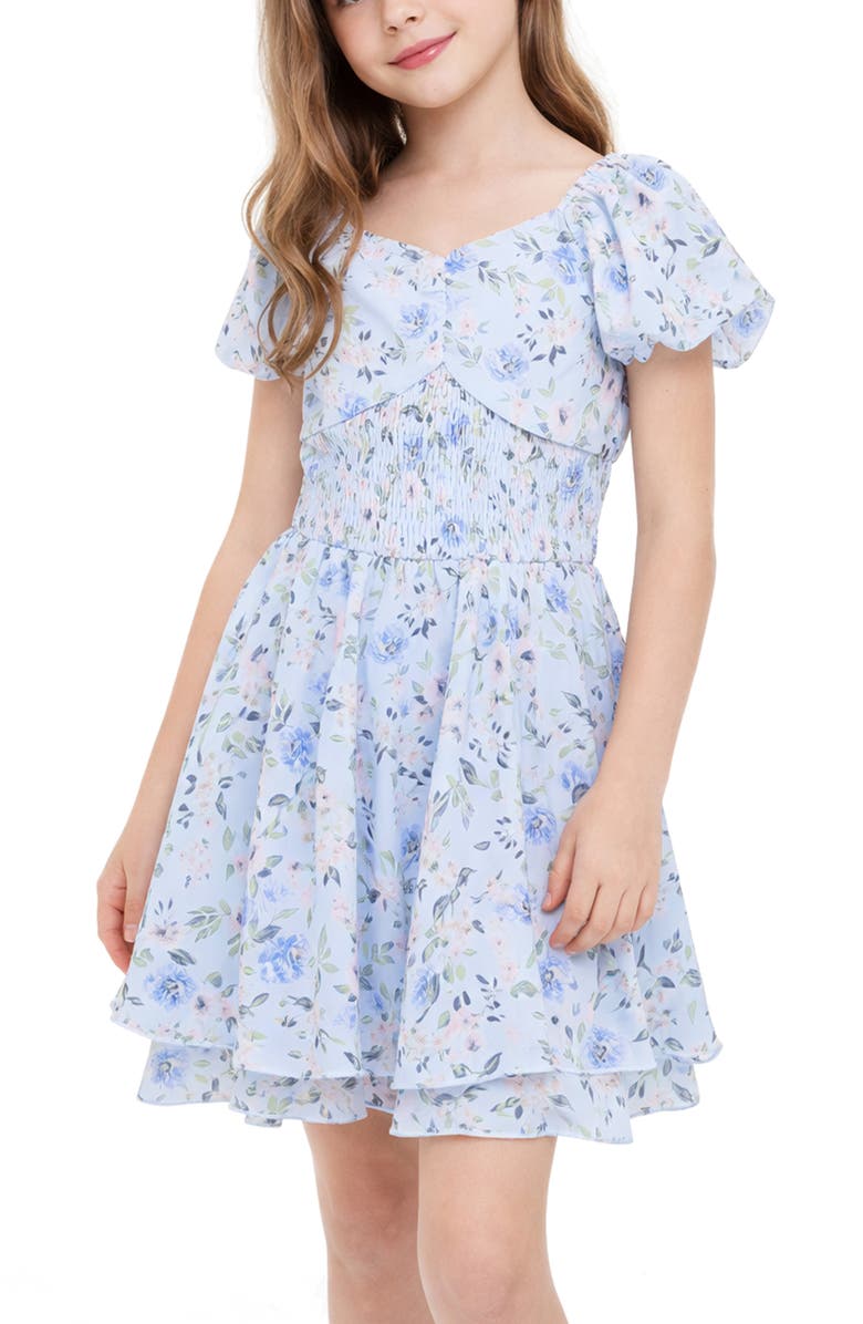 Zunie Emma Floral Print Smock Romper, Alternate, color, Blue Multi