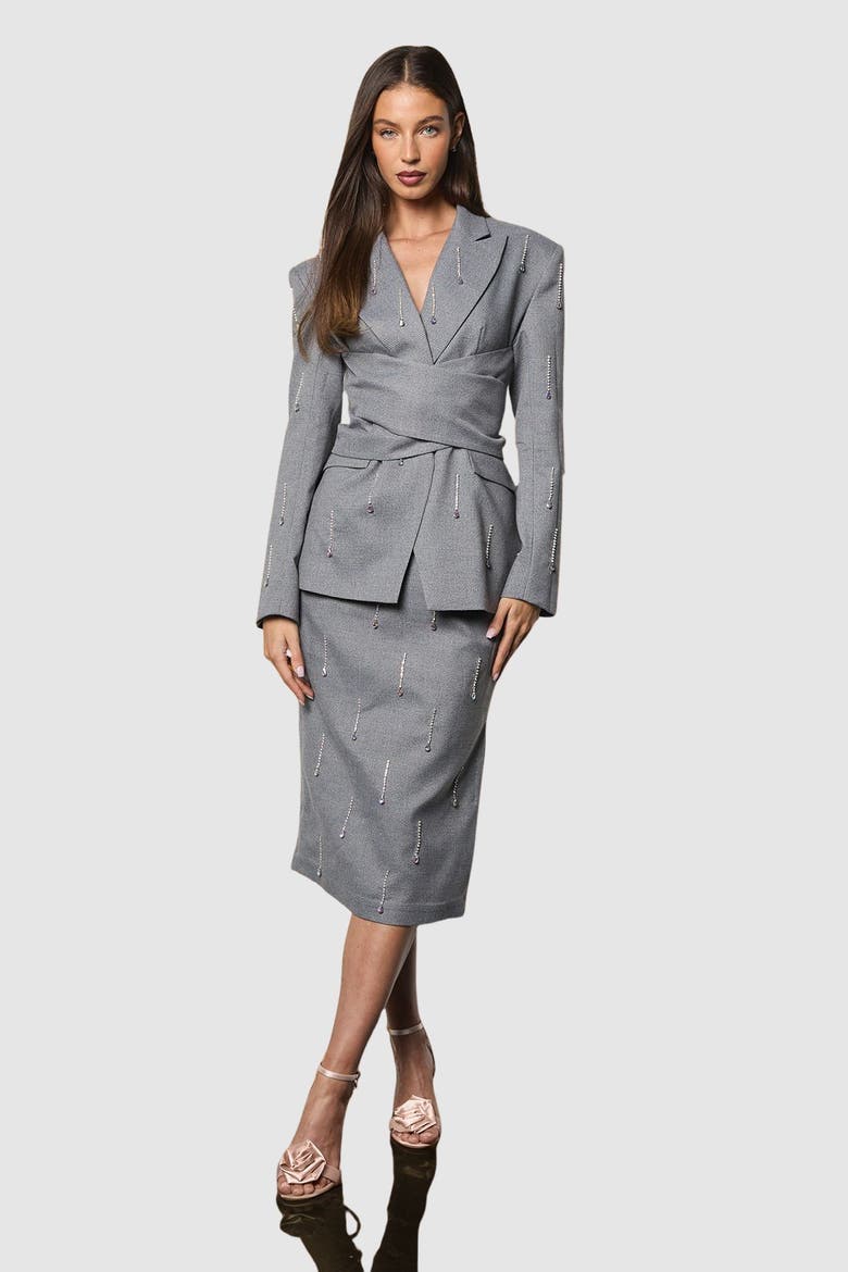 Muse Check Tie Embellished Blazer, Alternate, color, Grey
