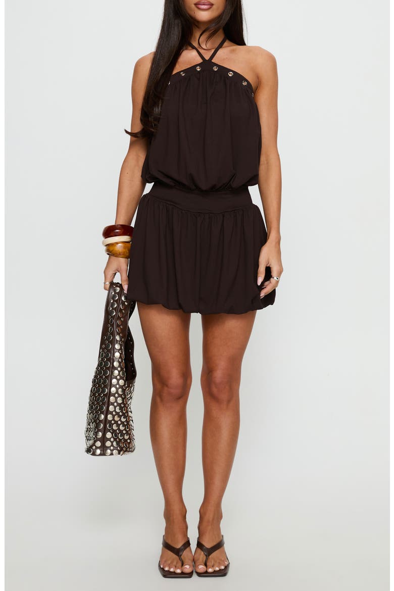 Sunnee Eyelet Detail Halter Bubble Playsuit, Main, color, BROWN