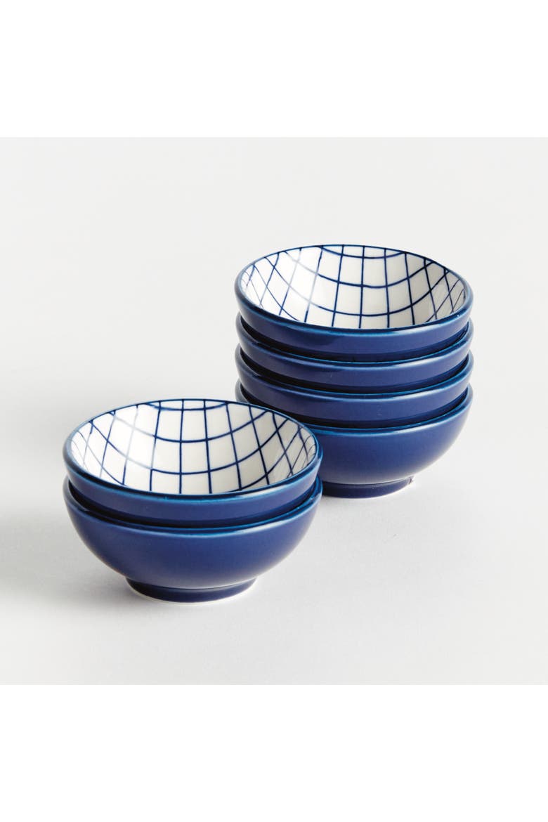 Stria Grid Dip Bowls, Set of 6 - Dark Blue/White Ceramic, Alternate, color, Blue