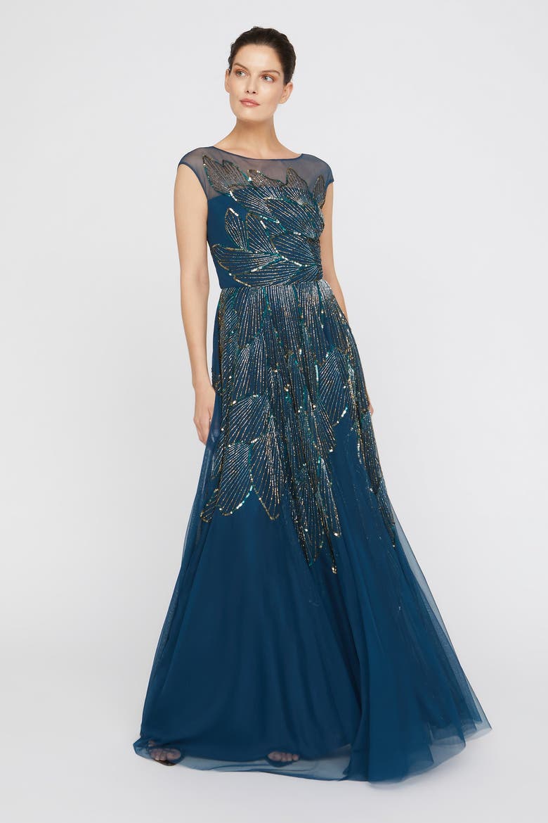 Ava Beaded Cap Sleeve Bateau Neck Sequin Gown, Alternate, color, Aquamarine