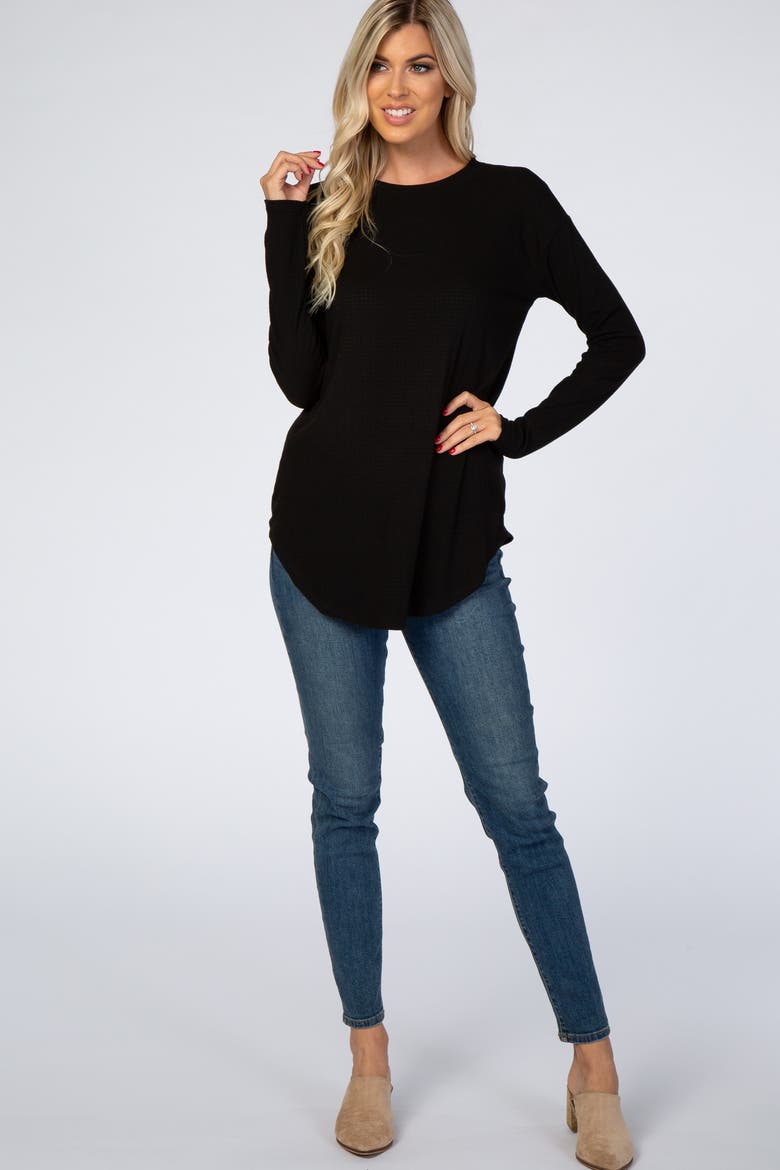 Long Sleeve Round Hem Textured Top, Alternate, color, Black