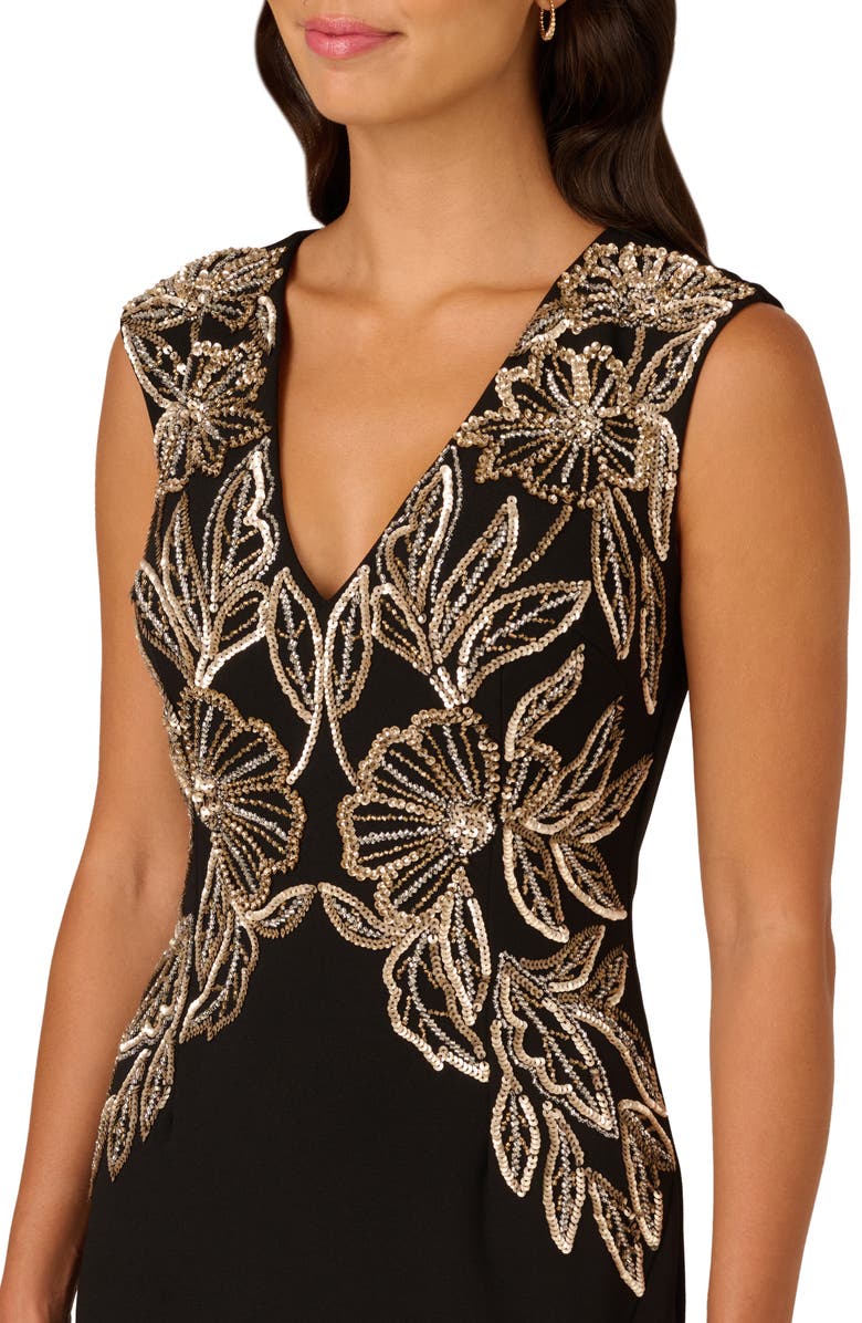 Adrianna Papell Floral Bead Detail Sleeveless Crepe Mermaid Gown, Alternate, color, Black