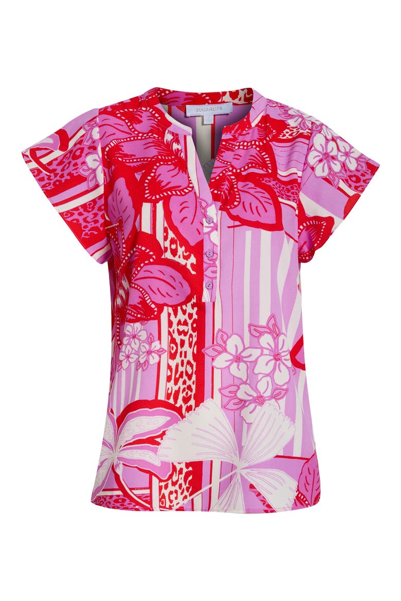 Barba Cass Tropical Flutter Sleeve Top, Alternate, color, RED-WHITE