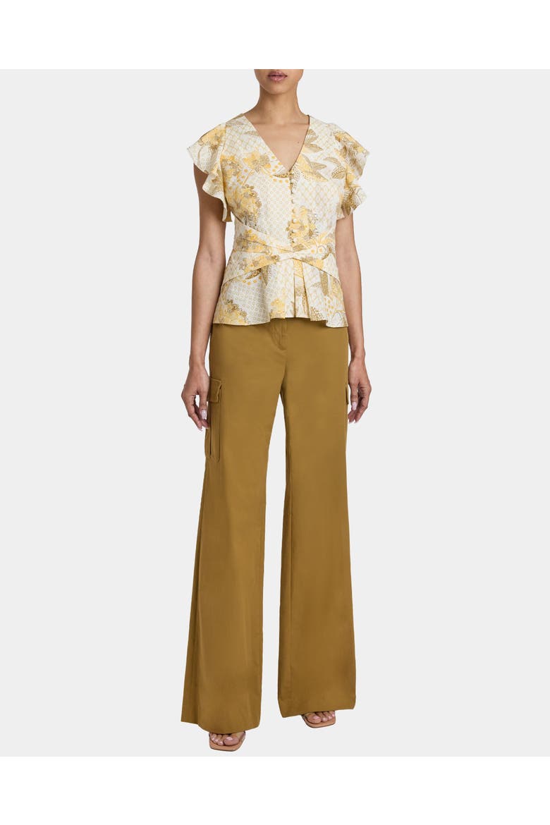 ELLA Flutter Sleeve Buttoned Blouse with Waist Panel in Floral Printed Cotton Cloque, Alternate, color, CHAMOMILE