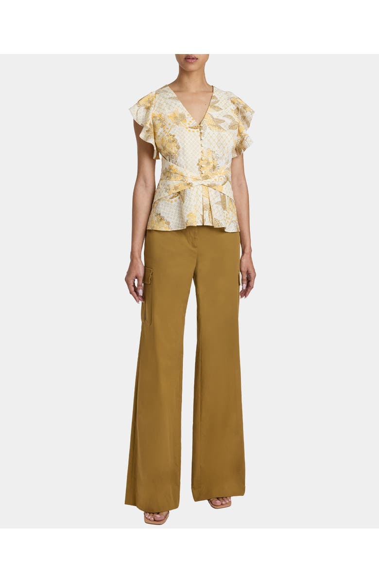 Santorelli ELLA Flutter Sleeve Buttoned Blouse with Waist Panel in Floral Printed Cotton Cloque, Alternate, color, Chamomile