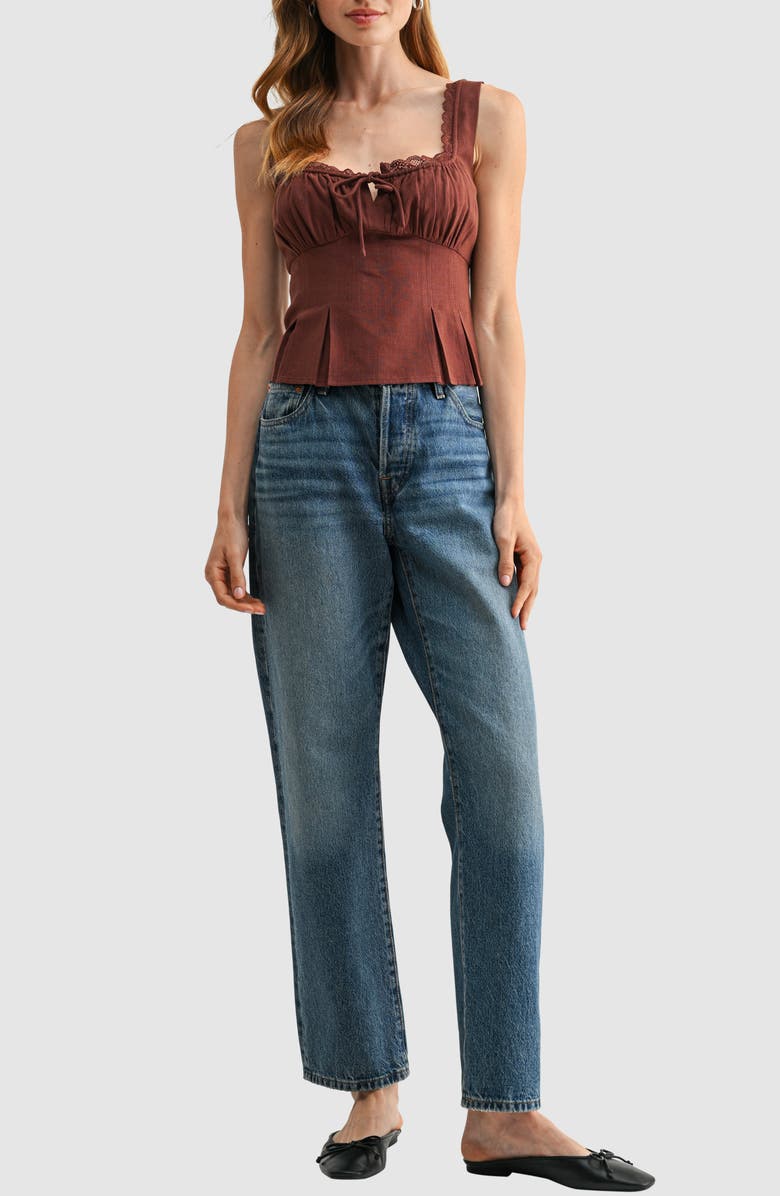 All in Favor Lace Trim Pleated Rayon and Linen Top, Alternate, color, Brown