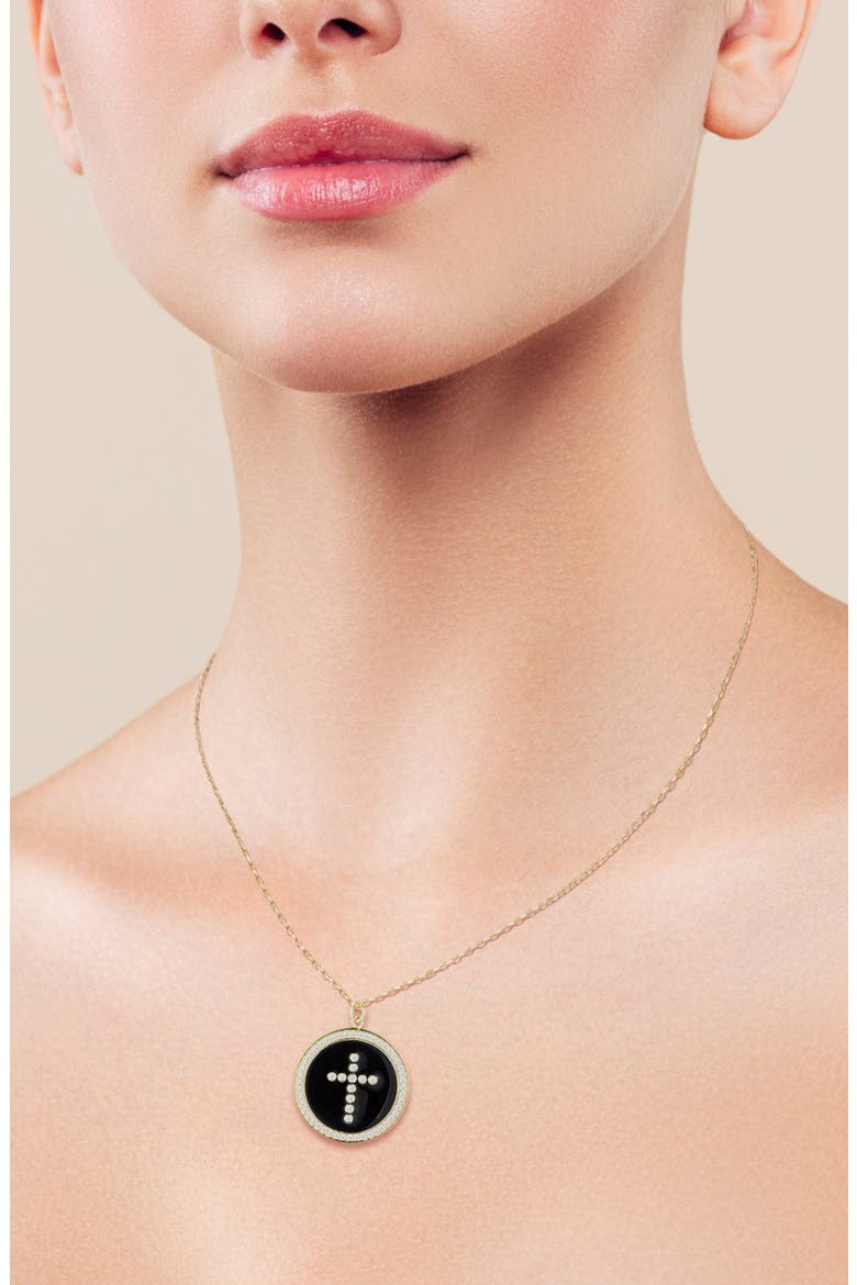 14K Gold Plated Cubic Zirconia Cross Medallion Pendant Necklace, Alternate, color, GOLD/ BLACK
