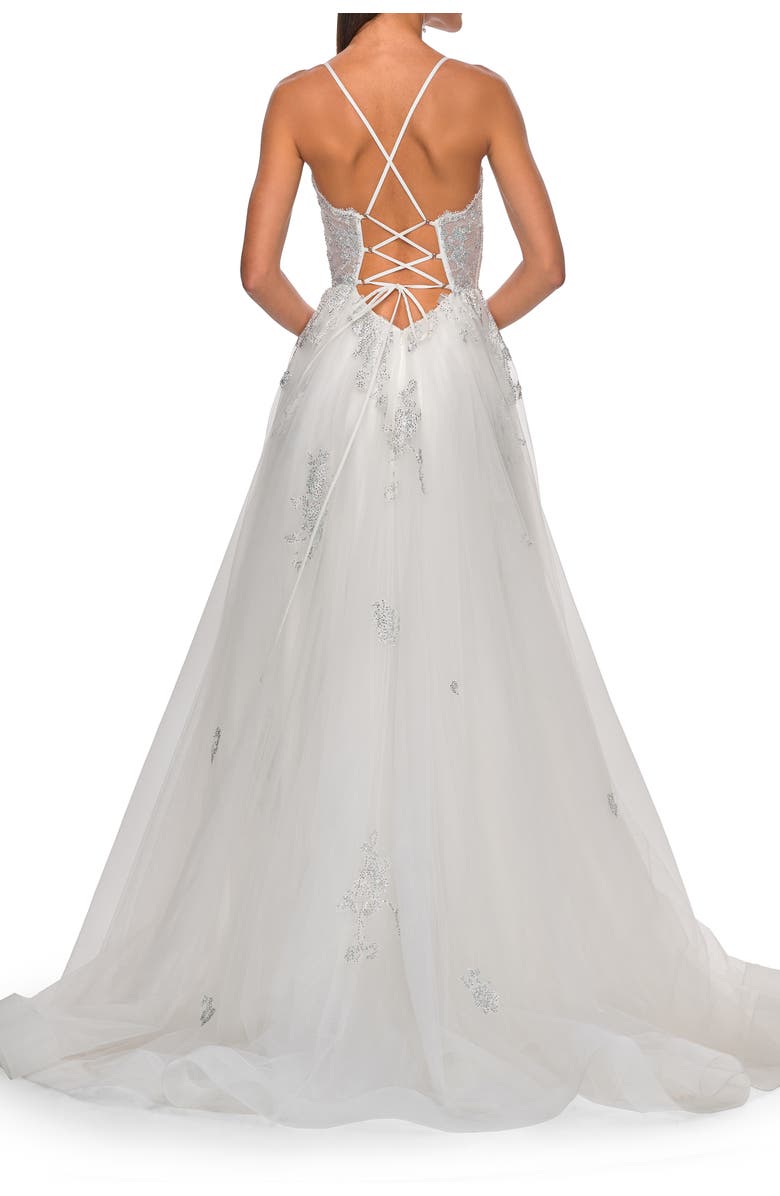 La Femme A-Line Tulle Gown with Scallop Detail Bodice and Lace Applique, Alternate, color, White