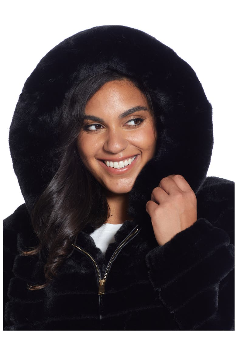 Hooded Faux Fur Jacket, Alternate, color, BLACK