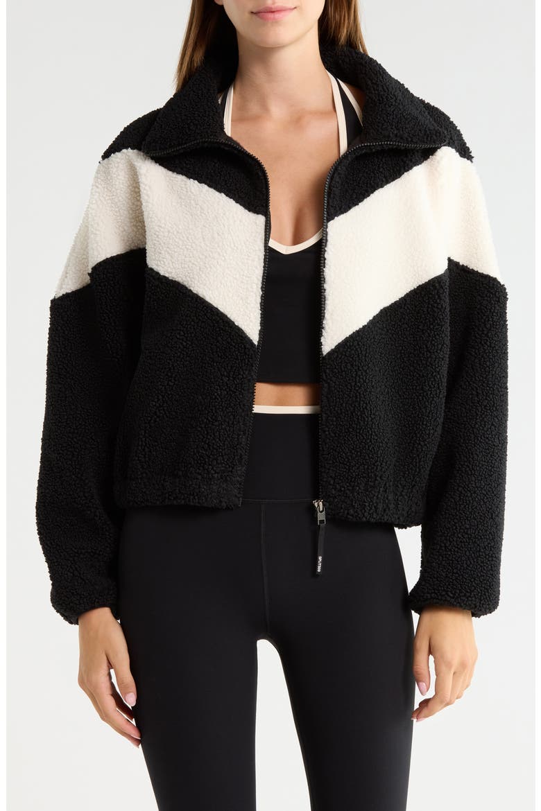 Lottie Chevron High Pile Fleece Full Zip Jacket, Main, color, BLACK/ CREME